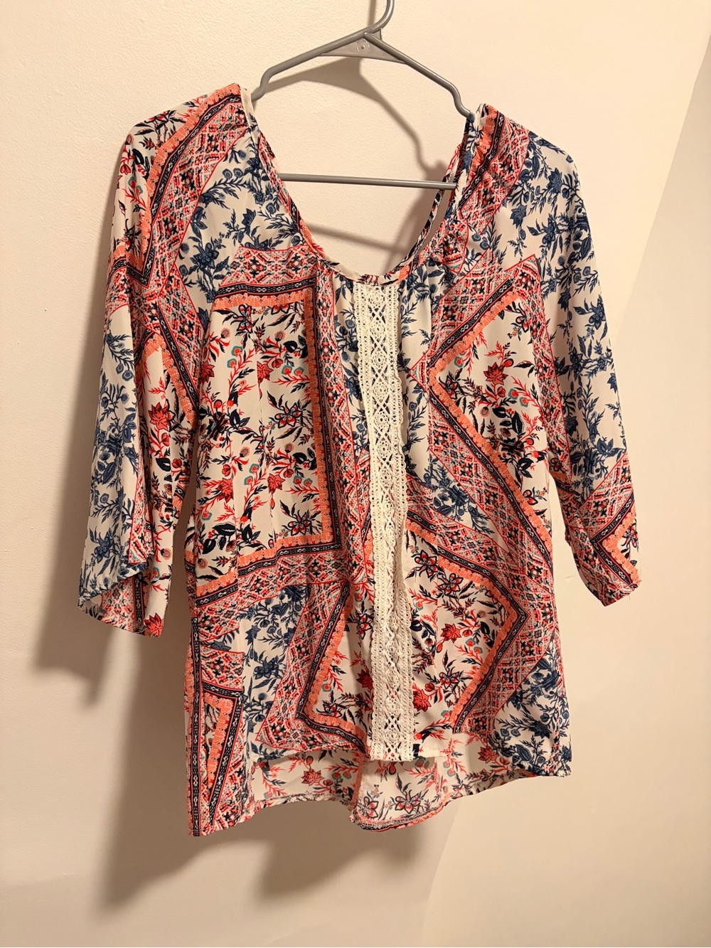 Lace-Trim Floral Patchwork Blouse in Cream, Coral & Navy